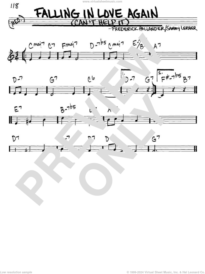 Falling In Love Again (Can't Help It) sheet music for voice and other instruments (in C) by Marlene Dietrich, Frederick Hollander and Sammy Lerner, intermediate skill level