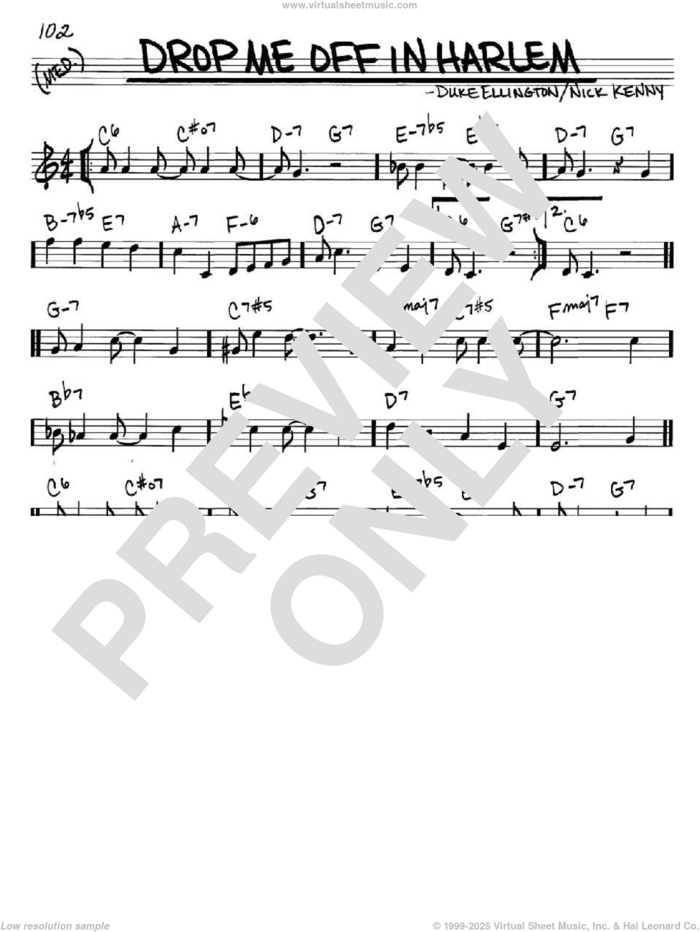 Drop Me Off In Harlem sheet music for voice and other instruments (in C) by Nick Kenny and Duke Ellington, intermediate skill level