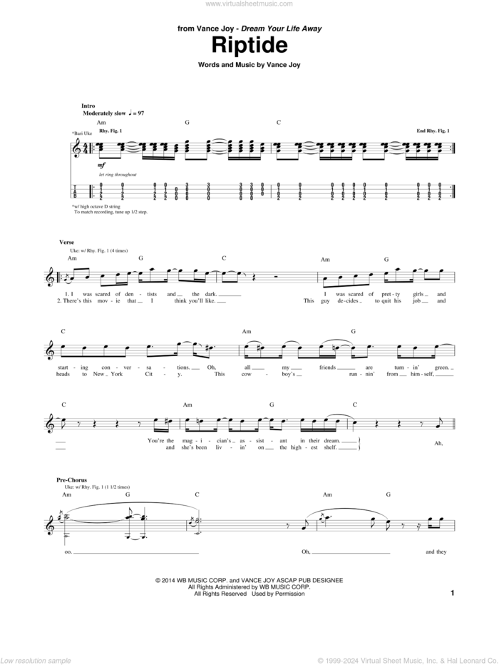 Riptide sheet music for ukulele (tablature) by Vance Joy, intermediate skill level