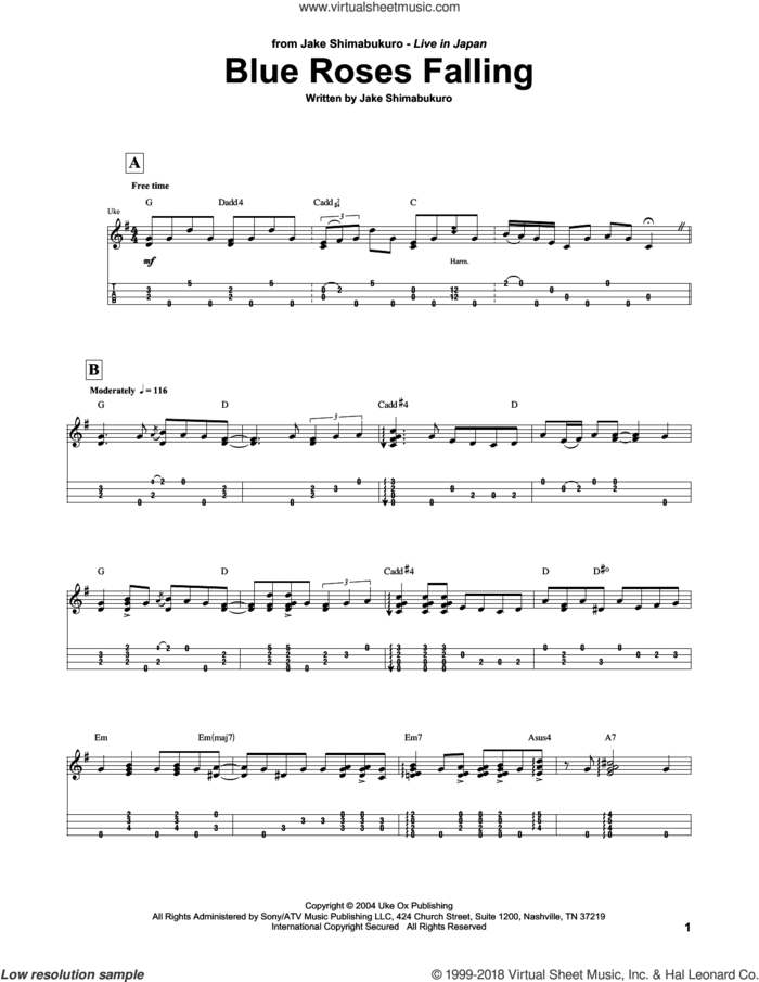 Blue Roses Falling sheet music for ukulele (tablature) by Jake Shimabukuro, intermediate skill level