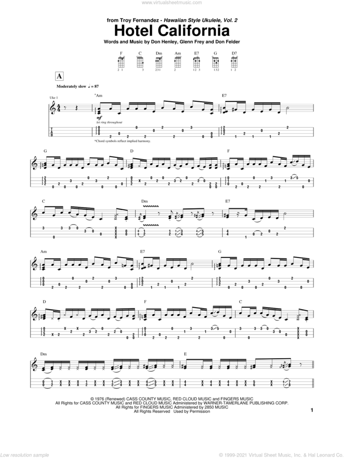 Hotel California sheet music for ukulele (tablature) by Troy Fernandez, The Eagles, Don Felder, Don Henley and Glenn Frey, intermediate skill level