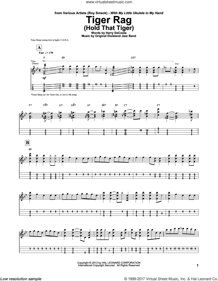 Tiger Rag (Hold That Tiger) sheet music for ukulele (tablature) by Roy Smeck, Harry DeCosta and Original Dixieland Jazz Band, intermediate skill level