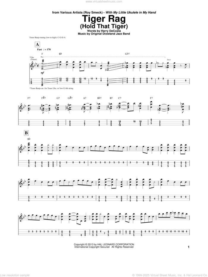 Tiger Rag (Hold That Tiger) sheet music for ukulele (tablature) by Roy Smeck, Harry DeCosta and Original Dixieland Jazz Band, intermediate skill level