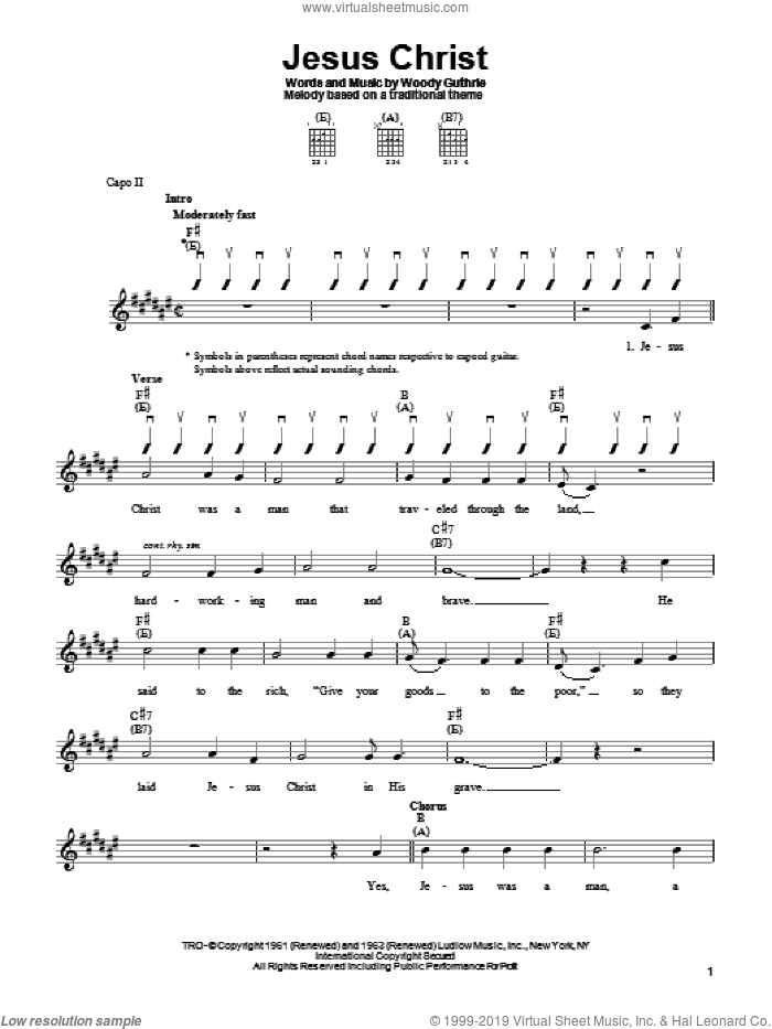 Jesus Christ sheet music for guitar solo (chords) by Woody Guthrie, easy guitar (chords)