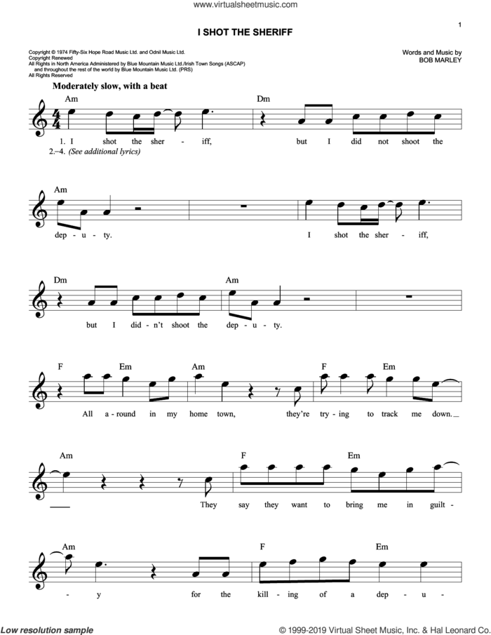 I Shot The Sheriff sheet music for voice and other instruments (fake book) by Bob Marley, Eric Clapton and Warren G, easy skill level