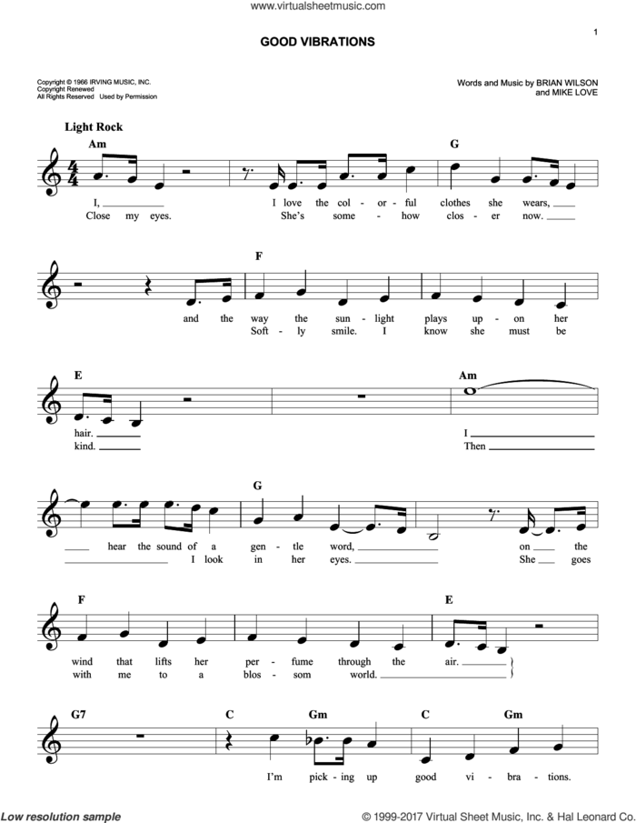 Good Vibrations sheet music for voice and other instruments (fake book) by The Beach Boys, Brian Wilson and Mike Love, easy skill level