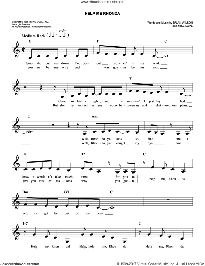 Help Me Rhonda sheet music for voice and other instruments (fake book) by The Beach Boys, Brian Wilson and Mike Love, easy skill level