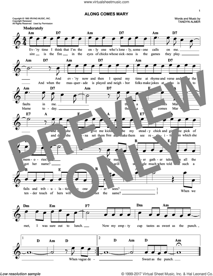 Along Comes Mary sheet music for voice and other instruments (fake book) by The Association and Tandyn Almer, easy skill level