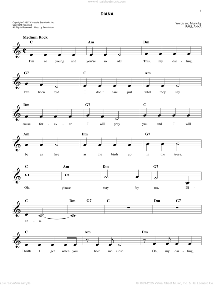 Diana sheet music for voice and other instruments (fake book) by Paul Anka, easy skill level