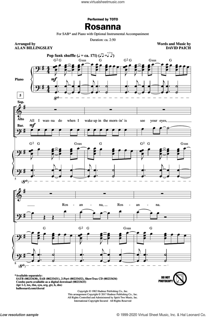 Rosanna (arr. Alan Billingsley) sheet music for choir (SAB: soprano, alto, bass) by Alan Billingsley, Toto and David Paich, intermediate skill level