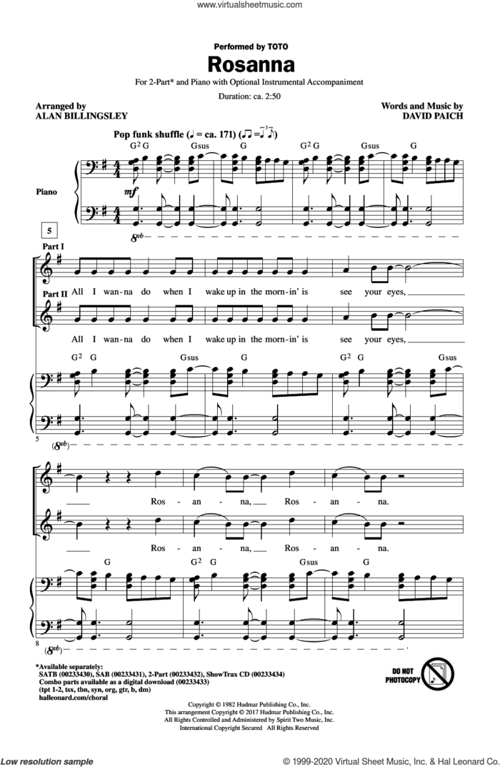 Rosanna (arr. Alan Billingsley) sheet music for choir (2-Part) by Alan Billingsley, Toto and David Paich, intermediate duet