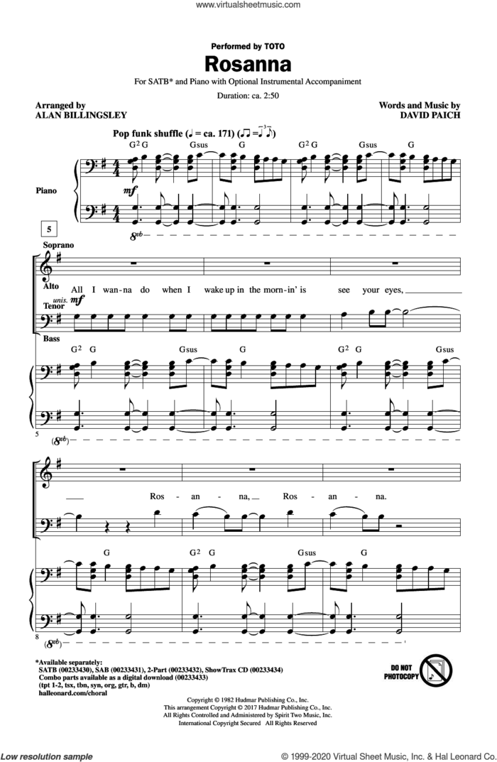 Rosanna (arr. Alan Billingsley) sheet music for choir (SATB: soprano, alto, tenor, bass) by Alan Billingsley, Toto and David Paich, intermediate skill level