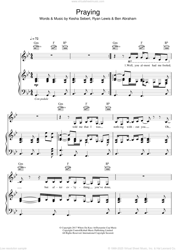 Praying sheet music for voice, piano or guitar by Kesha, Andrew Joslyn, Ben Abraham, Kesha Sebert and Ryan Lewis, intermediate skill level