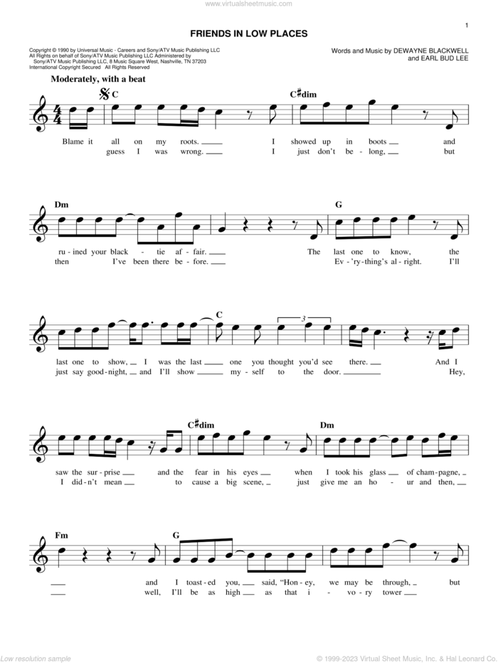 Friends In Low Places sheet music for voice and other instruments (fake book) by Garth Brooks, DeWayne Blackwell and Earl Bud Lee, easy skill level