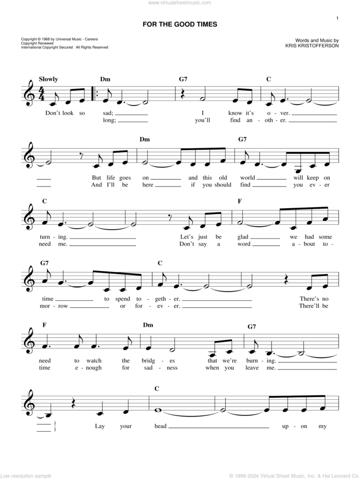 For The Good Times sheet music for voice and other instruments (fake book) by Kris Kristofferson, Elvis Presley and Ray Price, easy skill level