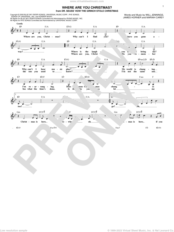 Where Are You Christmas? (from How The Grinch Stole Christmas) sheet music for voice and other instruments (fake book) by Faith Hill, James Horner, Mariah Carey and Will Jennings, intermediate skill level