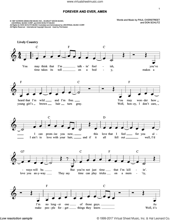 Forever And Ever, Amen sheet music for voice and other instruments (fake book) by Randy Travis, Don Schlitz and Paul Overstreet, wedding score, easy skill level