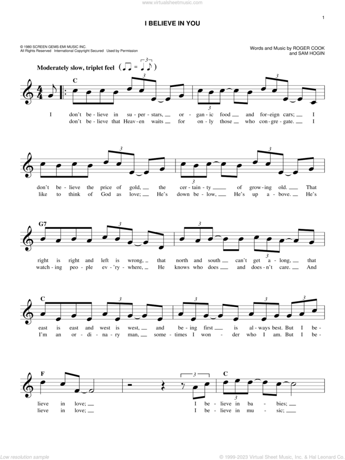 I Believe In You sheet music for voice and other instruments (fake book) by Don Williams, Roger Cook and Sam Hogin, intermediate skill level