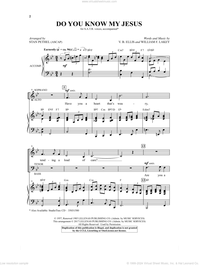 Do You Know My Jesus? sheet music for choir (SATB: soprano, alto, tenor, bass) by Stan Pethel, V. B. Ellis and William F. Lakey, intermediate skill level