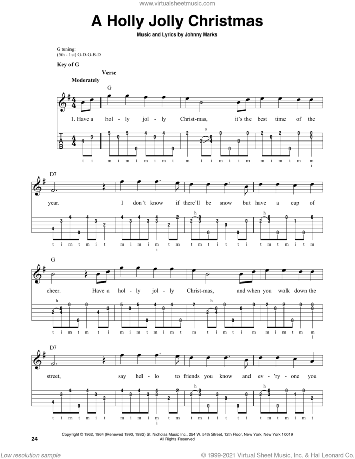 A Holly Jolly Christmas sheet music for banjo solo by Johnny Marks, intermediate skill level
