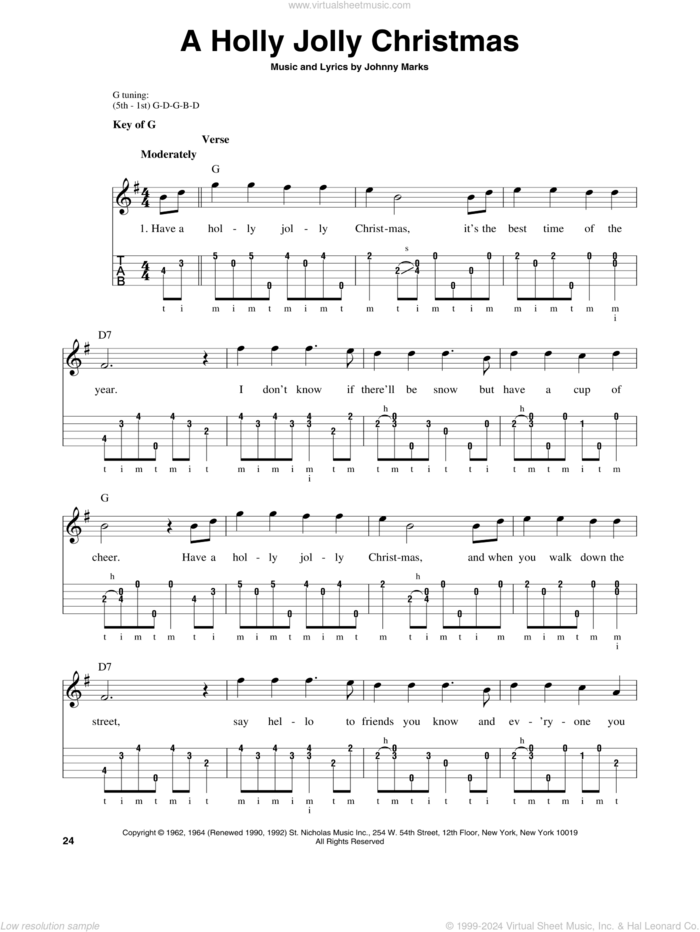 A Holly Jolly Christmas sheet music for banjo solo by Johnny Marks, intermediate skill level