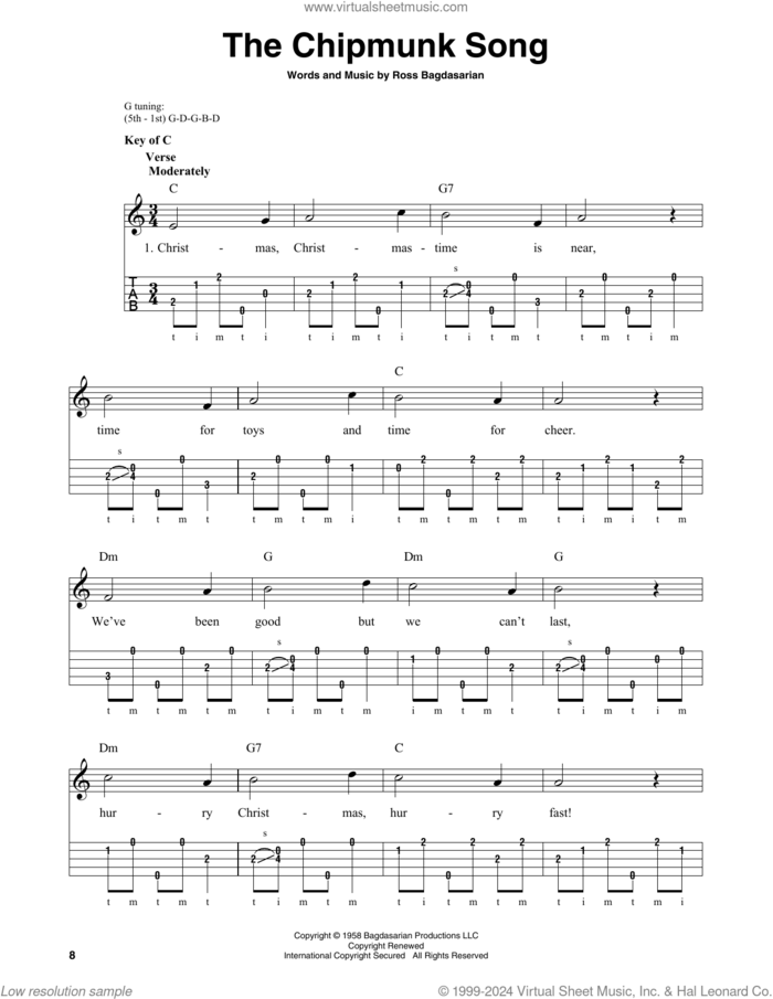 The Chipmunk Song sheet music for banjo solo by Ross Bagdasarian, intermediate skill level