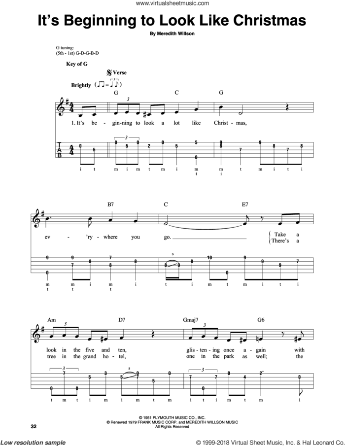 It's Beginning To Look Like Christmas sheet music for banjo solo by Meredith Willson, intermediate skill level