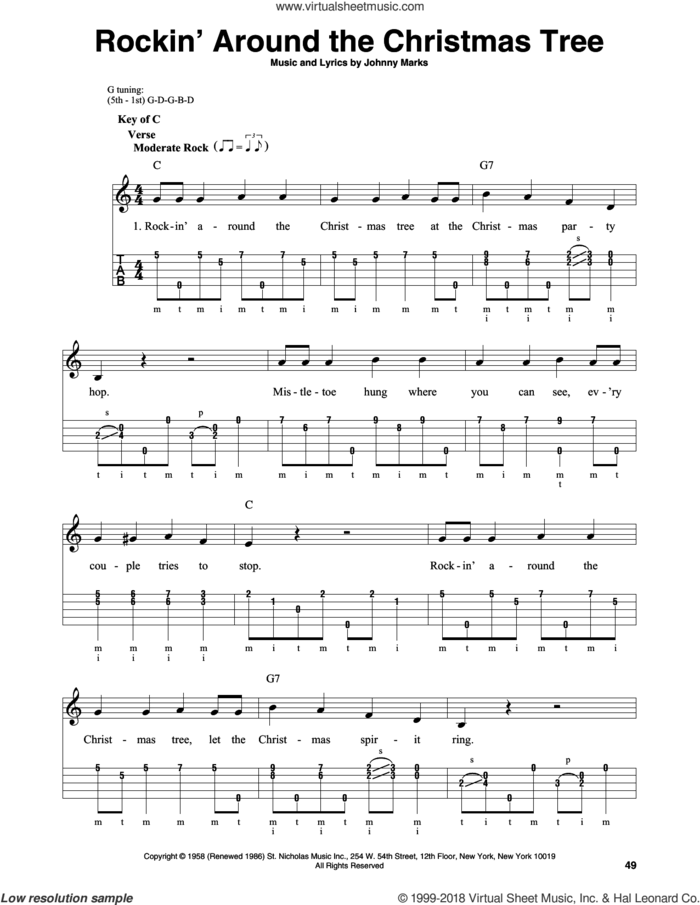 Rockin' Around The Christmas Tree sheet music for banjo solo by Johnny Marks, intermediate skill level