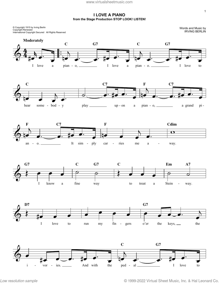 I Love A Piano sheet music for voice and other instruments (fake book) by Irving Berlin, easy skill level