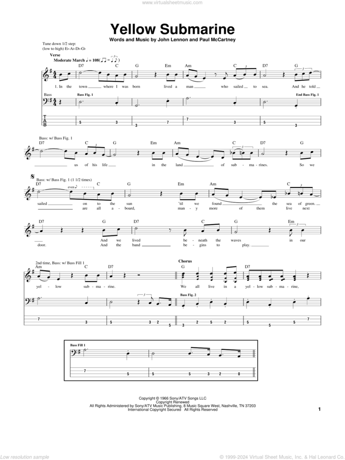 Yellow Submarine sheet music for bass (tablature) (bass guitar) by The Beatles, John Lennon and Paul McCartney, intermediate skill level