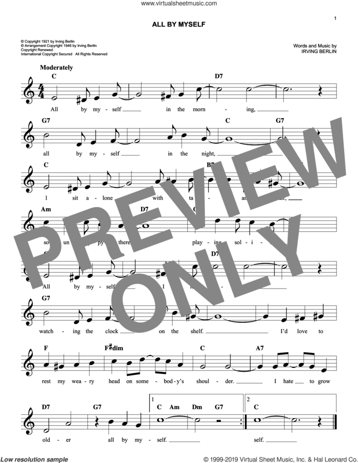 All By Myself sheet music for voice and other instruments (fake book) by Irving Berlin, Bing Crosby, Frank Crumit and Ted Lewis, easy skill level