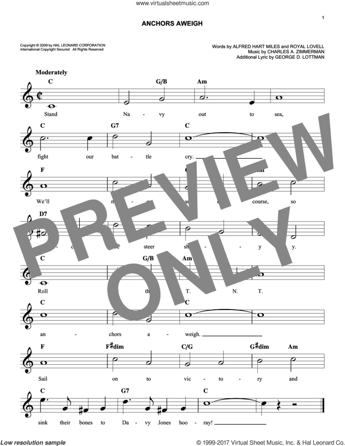 Anchors Aweigh sheet music for voice and other instruments (fake book) by Charles A. Zimmerman, Alfred Hart Miles, George D. Lottman and Royal Lovell, easy skill level