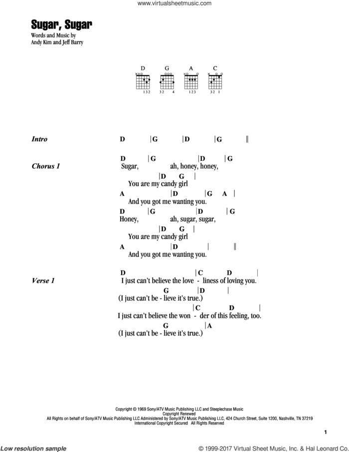 Sugar, Sugar sheet music for guitar (chords) by The Archies, Andy Kim and Jeff Barry, intermediate skill level