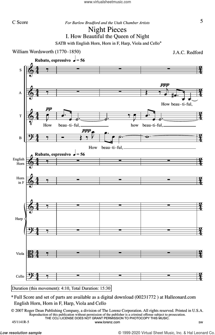 Night Pieces sheet music for choir (SATB: soprano, alto, tenor, bass) by Jac Redford and William Wordsworth, intermediate skill level