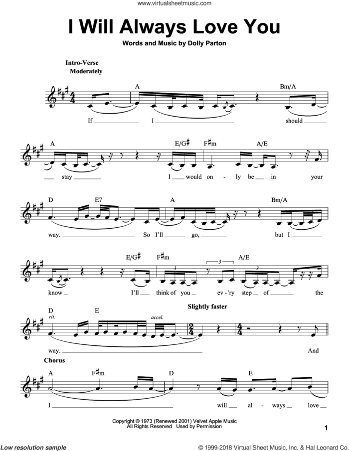 I Will Always Love You sheet music for voice solo by Whitney Houston and Dolly Parton, wedding score, intermediate skill level