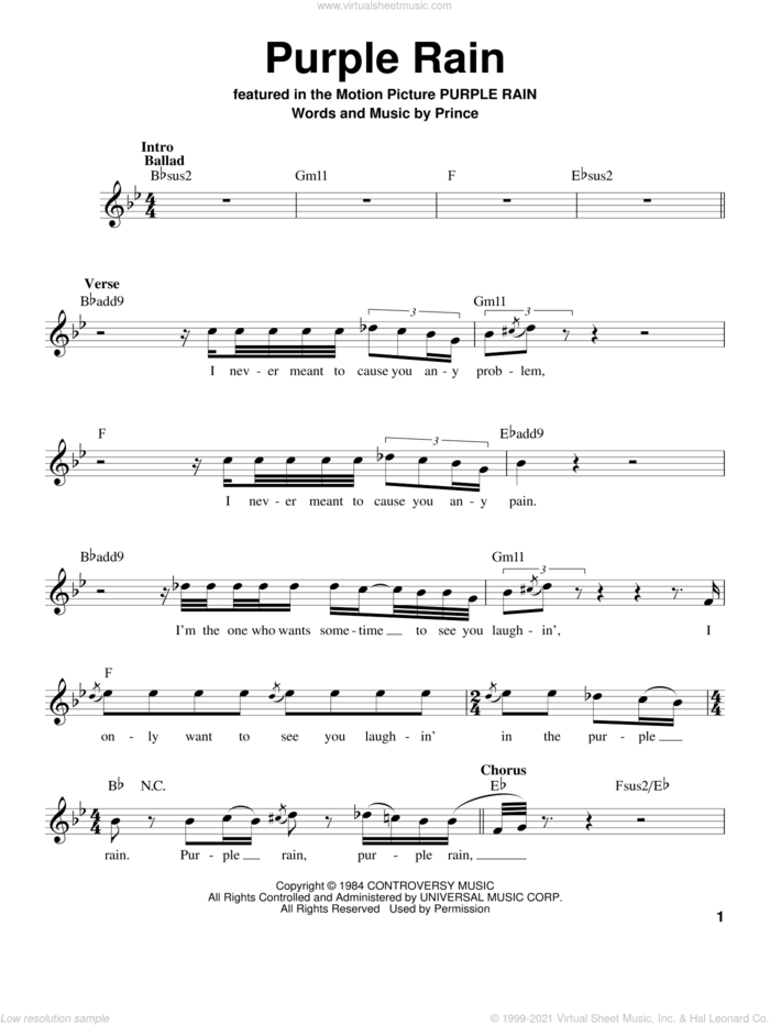 Purple Rain sheet music for voice solo by Prince, intermediate skill level