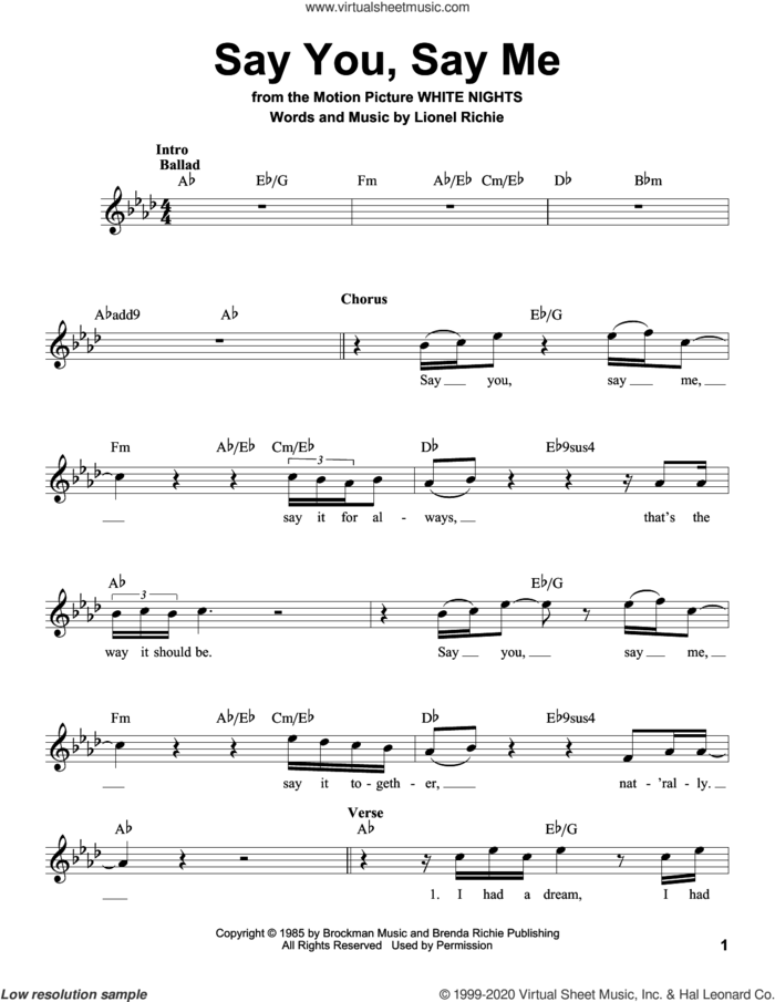 Say You, Say Me sheet music for voice solo by Lionel Richie, intermediate skill level