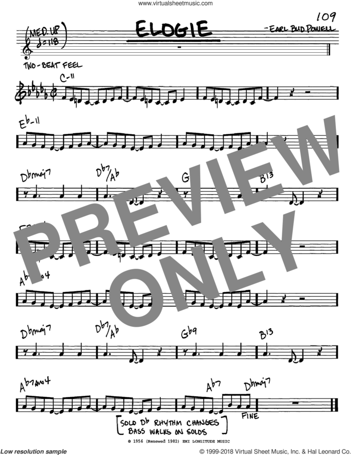 Elogie sheet music for voice and other instruments (in C) by Bud Powell and Bud Powell, intermediate skill level
