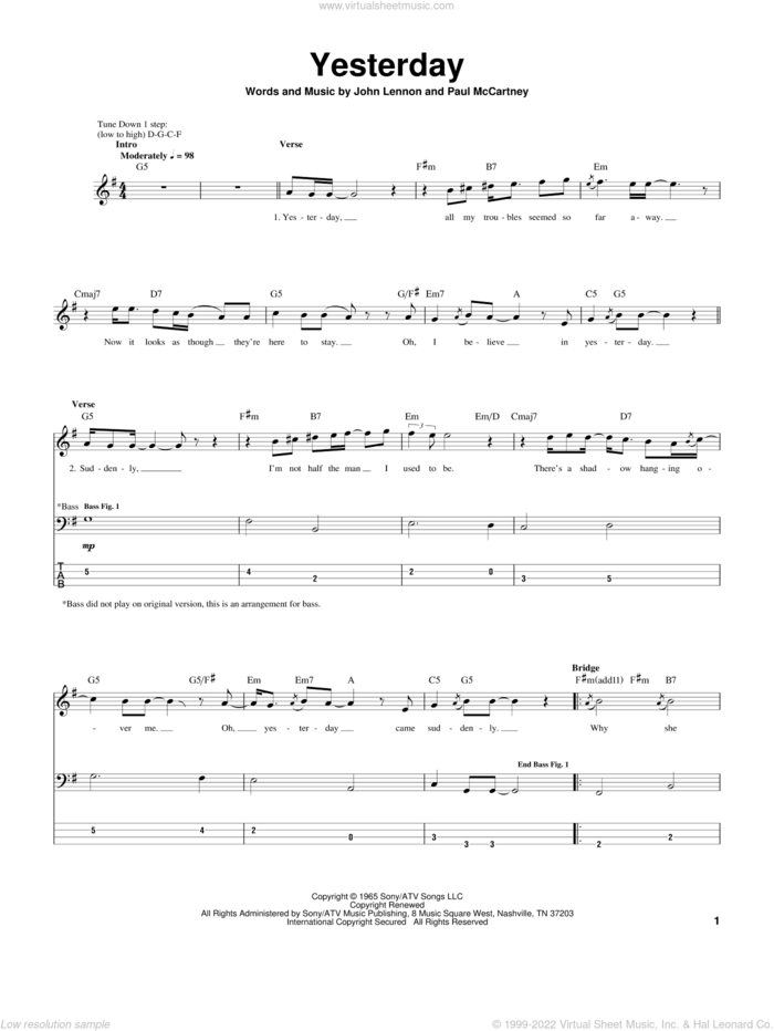 Yesterday sheet music for bass (tablature) (bass guitar) by The Beatles, John Lennon and Paul McCartney, intermediate skill level