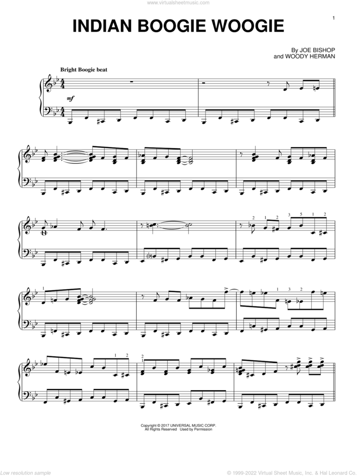 Indian Boogie Woogie sheet music for piano solo by Woody Herman and Joe Bishop, intermediate skill level