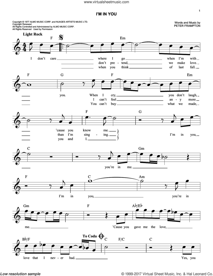 I'm In You sheet music for voice and other instruments (fake book) by Peter Frampton, easy skill level