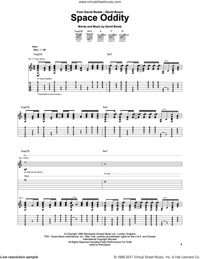 Space Oddity sheet music for guitar (tablature) by David Bowie, intermediate skill level