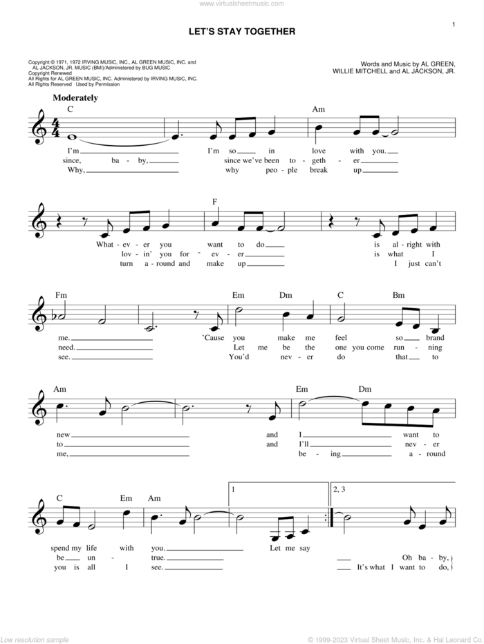 Let's Stay Together sheet music for voice and other instruments (fake book) by Al Green, Al Jackson, Jr. and Willie Mitchell, easy skill level