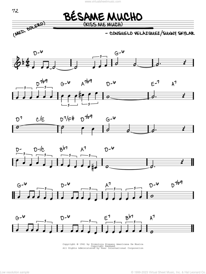 Besame Mucho (Kiss Me Much) sheet music for voice and other instruments (in C) by Consuelo Velazquez and Sunny Skylar, intermediate skill level