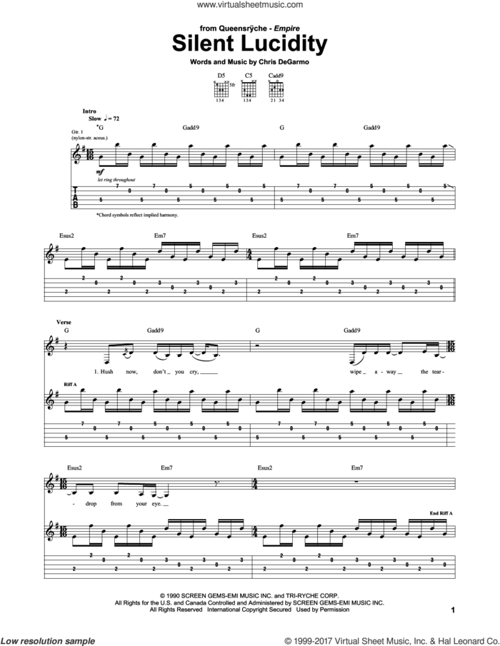 Silent Lucidity sheet music for guitar (tablature) by Queensryche and Chris DeGarmo, intermediate skill level