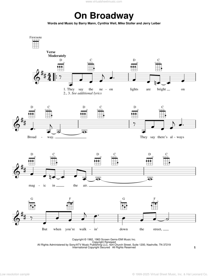 On Broadway sheet music for ukulele by Carole King, intermediate skill level