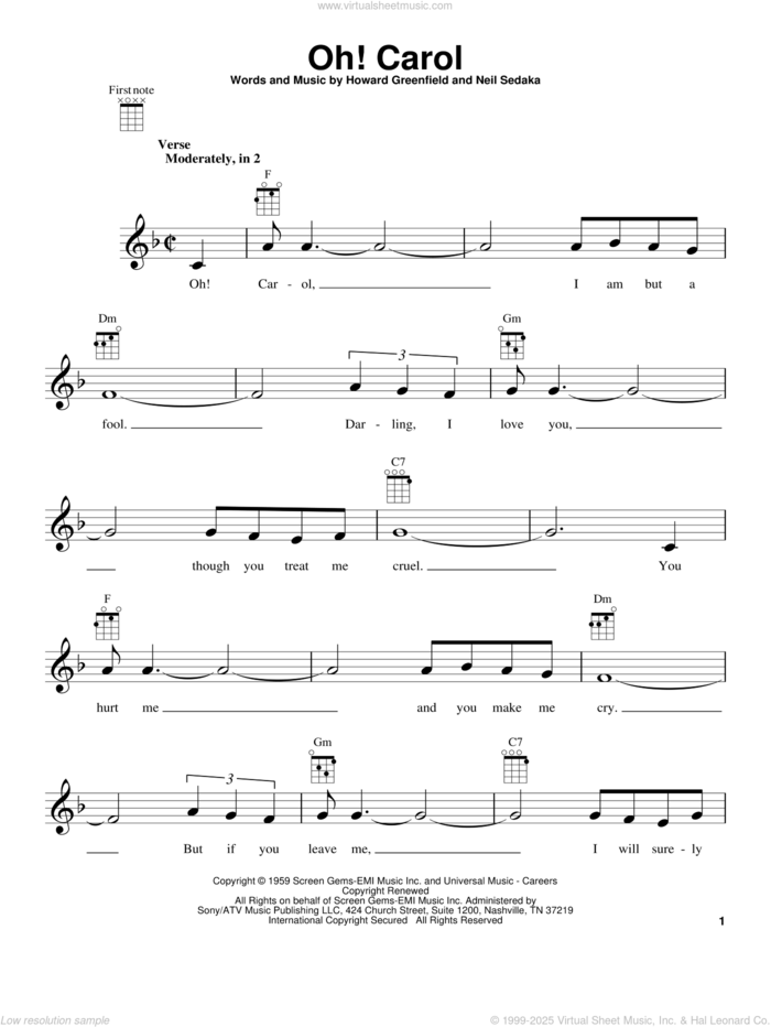 Oh! Carol sheet music for ukulele by Carole King and Howard Greenfield, intermediate skill level