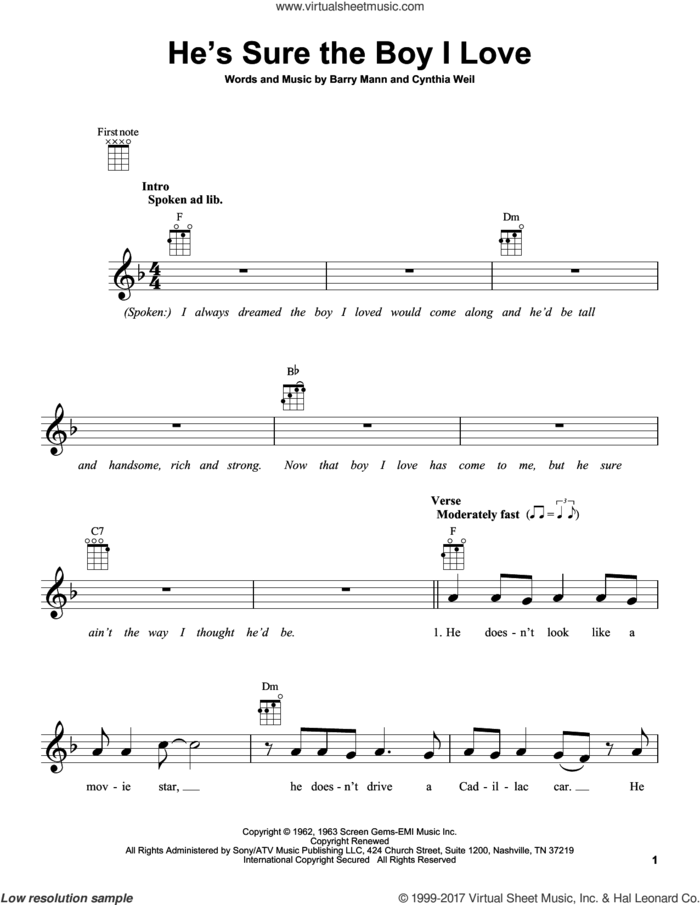 He's Sure The Boy I Love sheet music for ukulele by Carole King, The Crystals, Barry Mann and Cynthia Weil, intermediate skill level