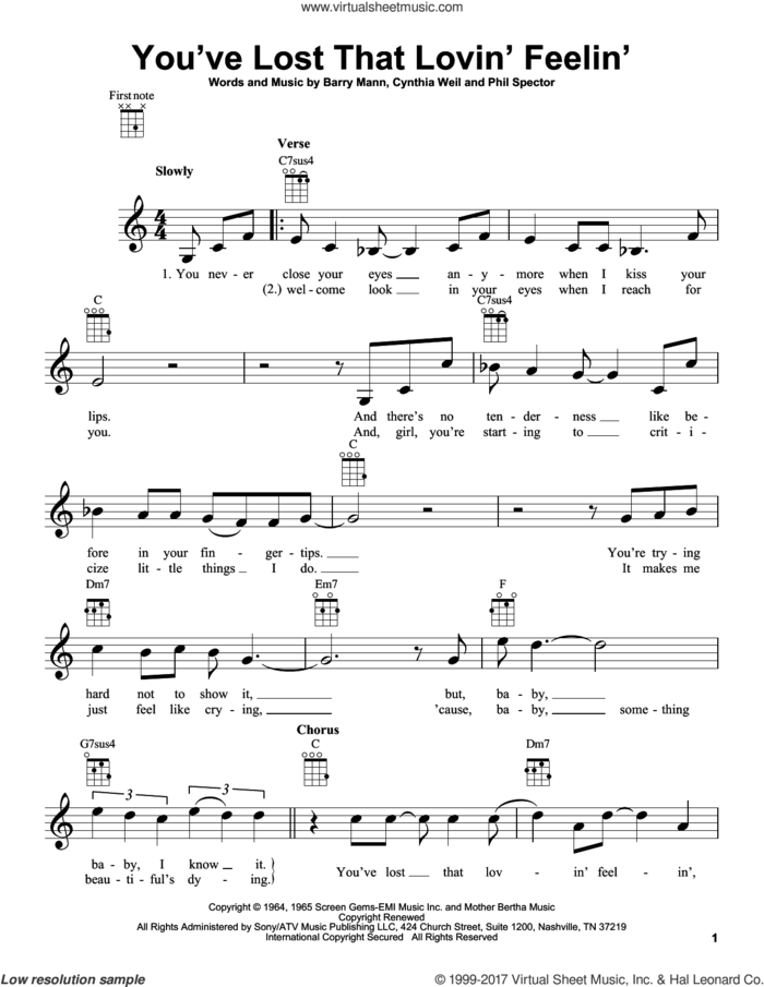 You've Lost That Lovin' Feelin' sheet music for ukulele by Carole King, Barry Mann and Cynthia Weil, intermediate skill level