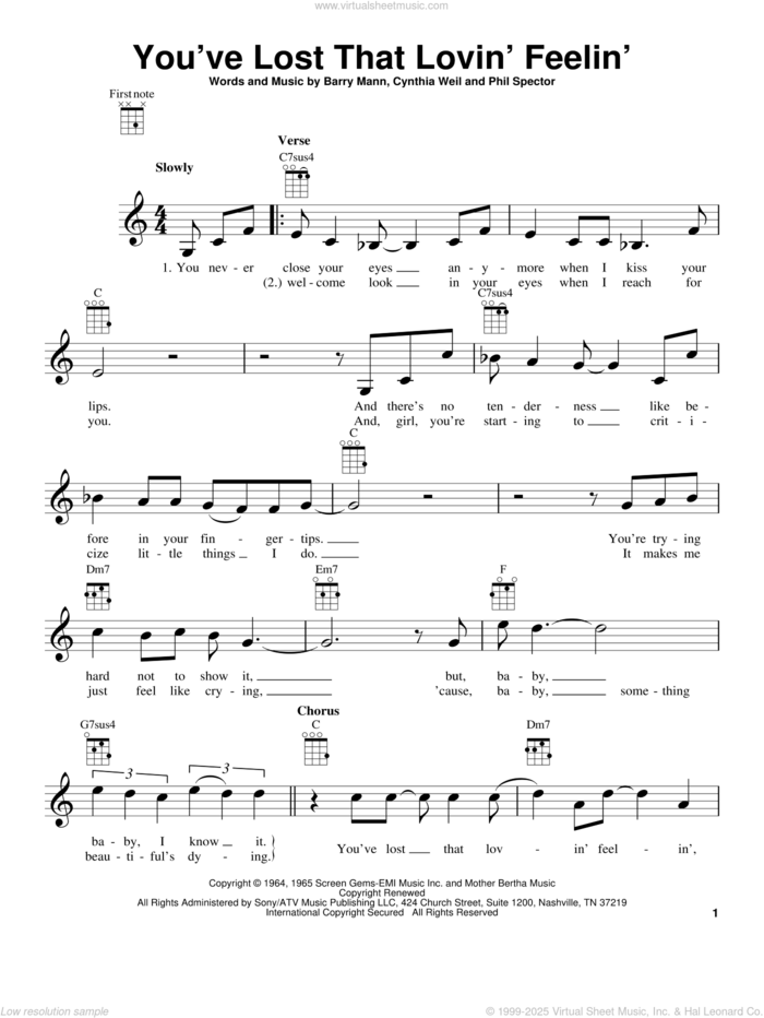 You've Lost That Lovin' Feelin' sheet music for ukulele by Carole King, Barry Mann and Cynthia Weil, intermediate skill level